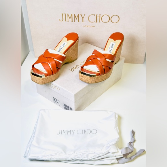 Jimmy Choo Maribou 110 Platform Wedge Slide Sandals Orange Napa Leather Size 38 - Picture 14 of 16